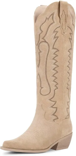 wetkiss Tan Boots for Women Suede Knee High Cowboy Boots Pointed Toe Low Heel Apricot Cowgirl Boots with Zipper Retro Vintage Tall Size 10