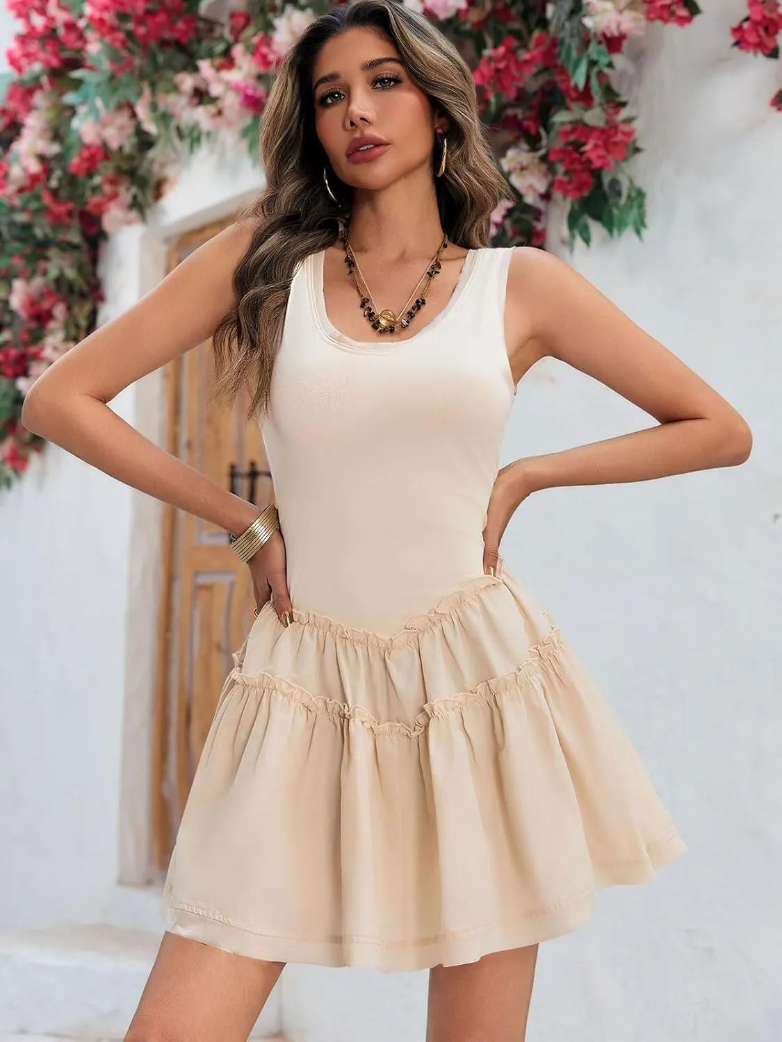 Women Beach Cover Ups Summer Mini Dress Casual Vacation Ruffle Drop Waist Sleeveless Backless Cute Sundress 2025