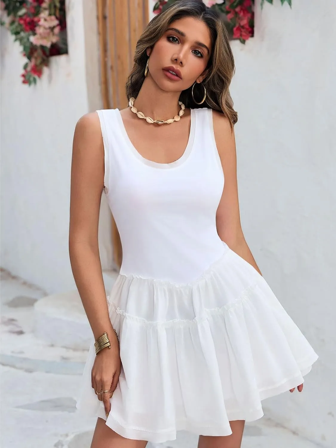 Women Beach Cover Ups Summer Mini Dress Casual Vacation Ruffle Drop Waist Sleeveless Backless Cute Sundress 2025