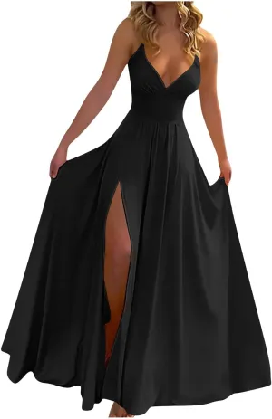 Women Elegant Long Prom Dress with Slit 2025 Deep V Neck Sleeveless Dresses Spaghetti Straps Evening Gowns Dress