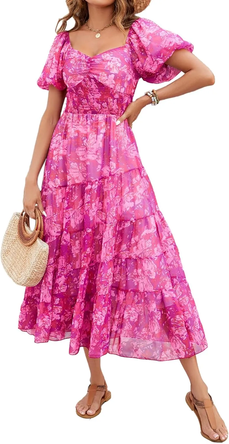 Women Floral Maxi Dress Short Puff Sleeve V Neck Bohemian Flowy Dress Smocked Casual Spring Summer Dresses