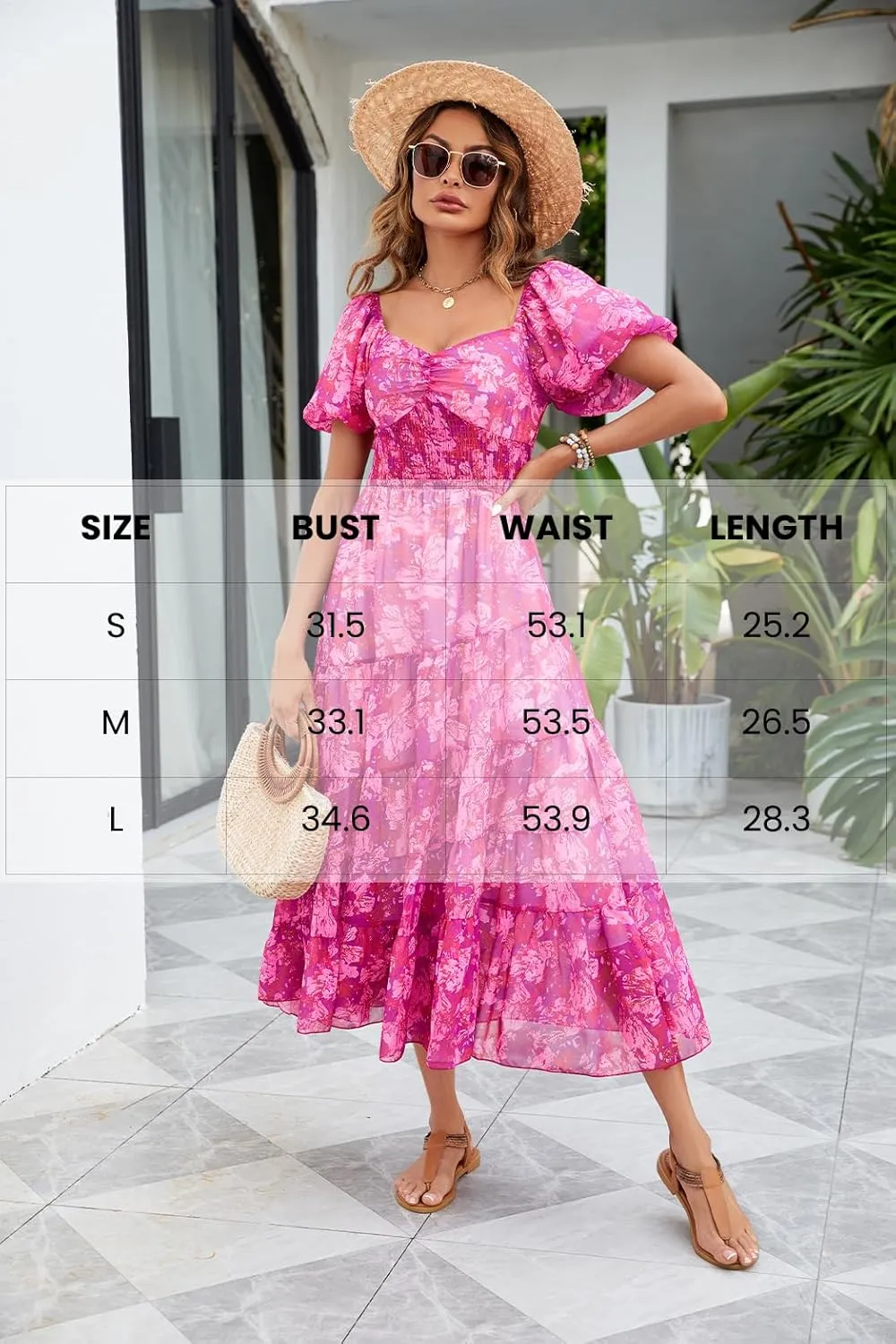Women Floral Maxi Dress Short Puff Sleeve V Neck Bohemian Flowy Dress Smocked Casual Spring Summer Dresses