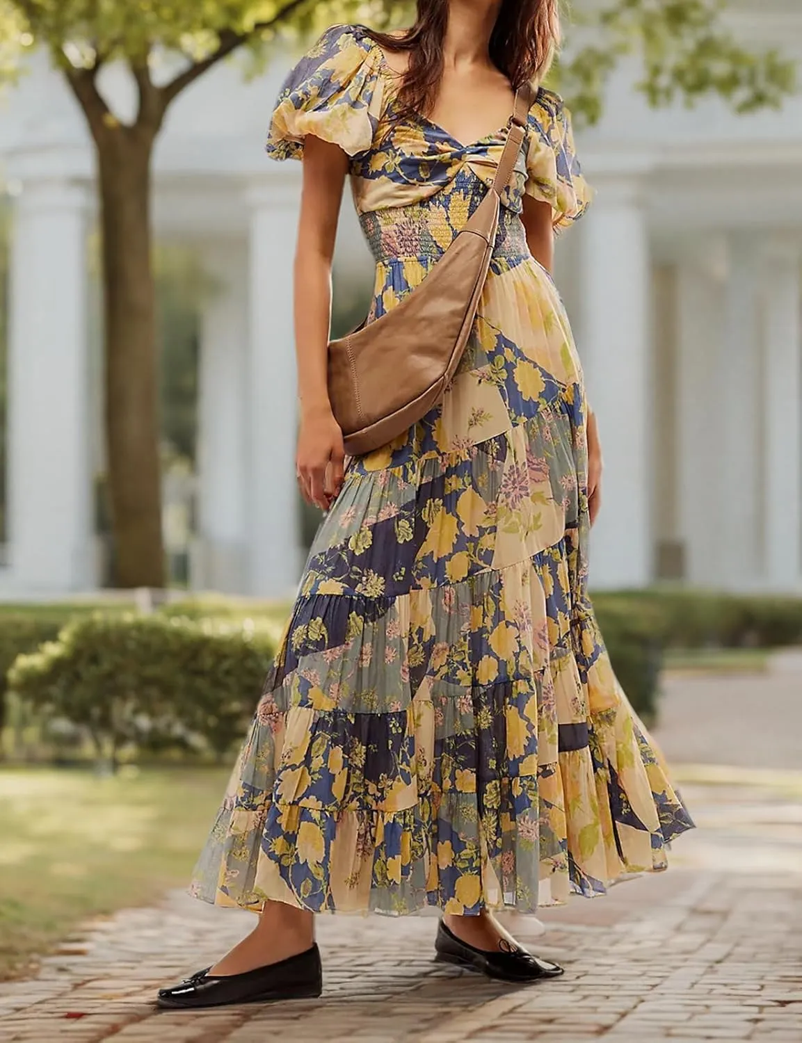 Women Floral Maxi Dress Short Puff Sleeve V Neck Bohemian Flowy Dress Smocked Casual Spring Summer Dresses