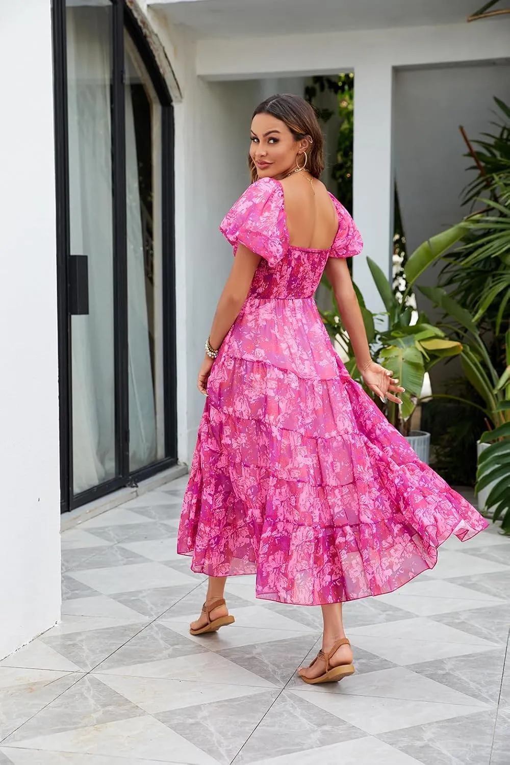 Women Floral Maxi Dress Short Puff Sleeve V Neck Bohemian Flowy Dress Smocked Casual Spring Summer Dresses