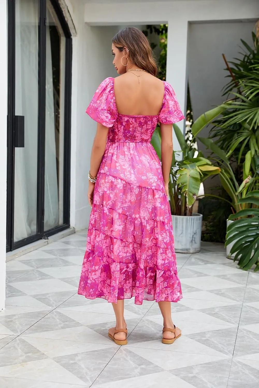 Women Floral Maxi Dress Short Puff Sleeve V Neck Bohemian Flowy Dress Smocked Casual Spring Summer Dresses