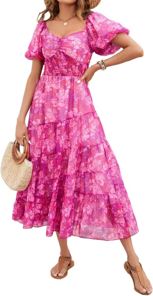 Women Floral Maxi Dress Short Puff Sleeve V Neck Bohemian Flowy Dress Smocked Casual Spring Summer Dresses