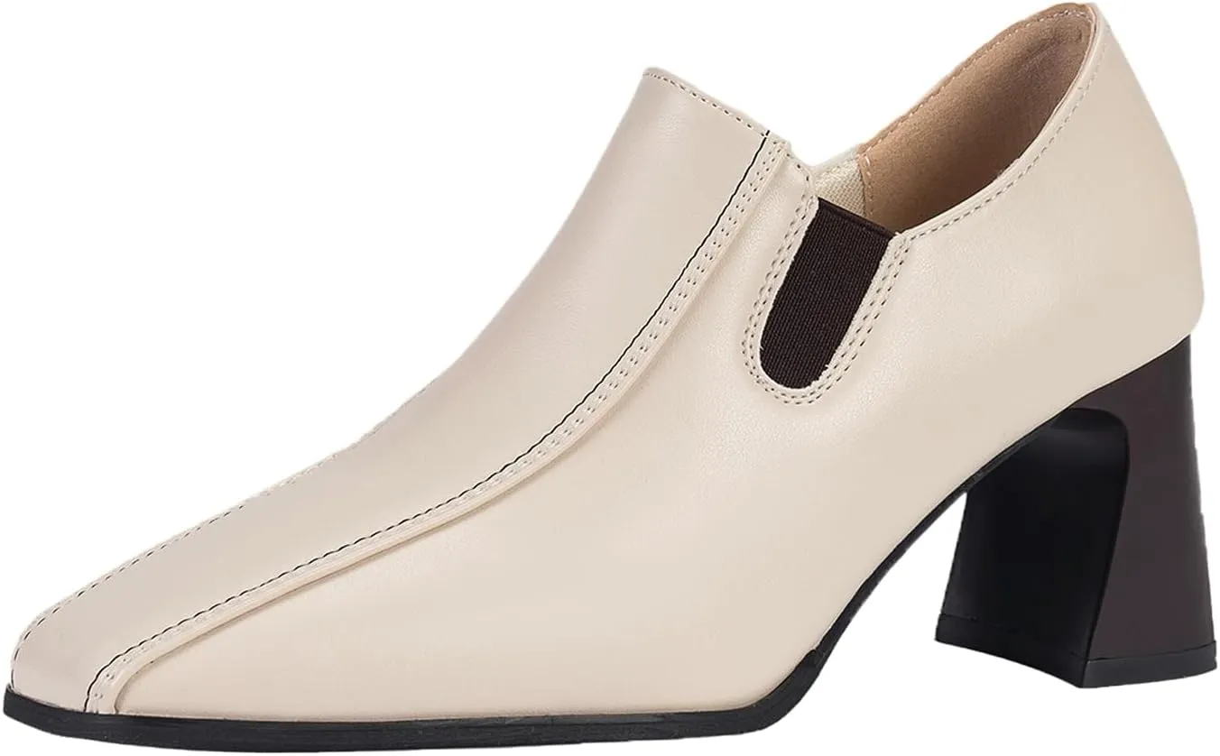Women Leather Chunky Heel Pumps Side Elastic Band Loafers Elastic Band,Comfortable Slip-on Mid Block Heel Square Toe Dress Work Shoes for Office Business