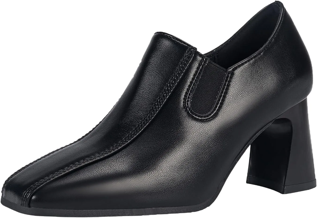 Women Leather Chunky Heel Pumps Side Elastic Band Loafers Elastic Band,Comfortable Slip-on Mid Block Heel Square Toe Dress Work Shoes for Office Business