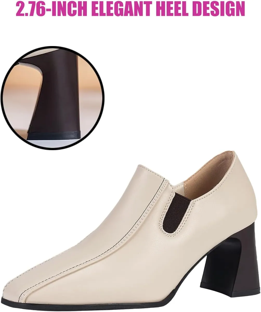 Women Leather Chunky Heel Pumps Side Elastic Band Loafers Elastic Band,Comfortable Slip-on Mid Block Heel Square Toe Dress Work Shoes for Office Business