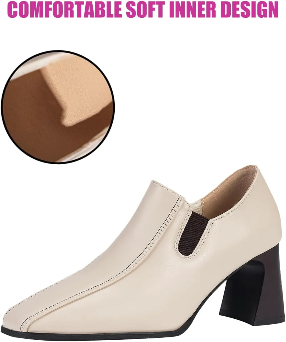 Women Leather Chunky Heel Pumps Side Elastic Band Loafers Elastic Band,Comfortable Slip-on Mid Block Heel Square Toe Dress Work Shoes for Office Business