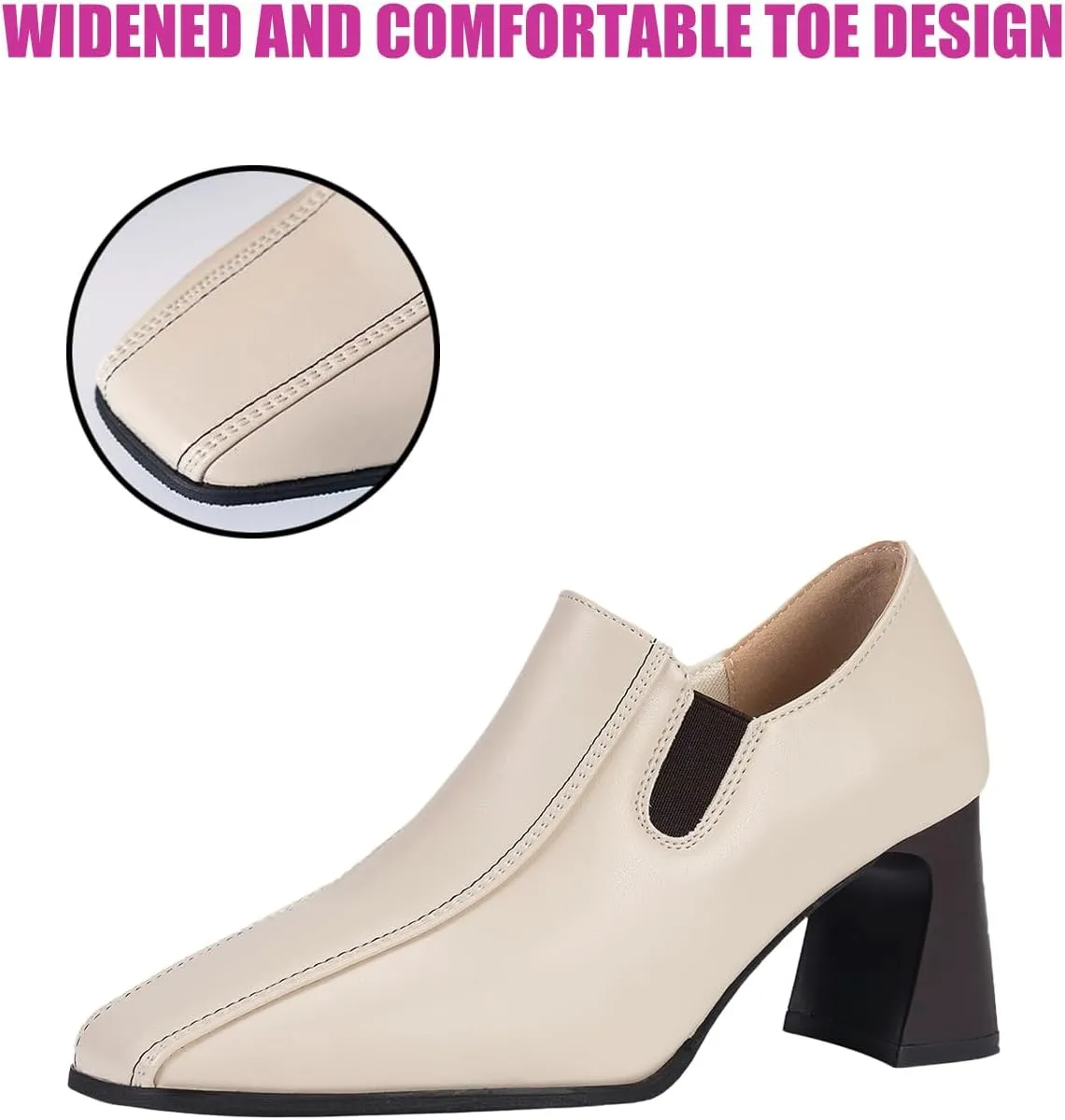 Women Leather Chunky Heel Pumps Side Elastic Band Loafers Elastic Band,Comfortable Slip-on Mid Block Heel Square Toe Dress Work Shoes for Office Business