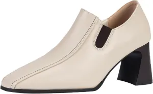 Women Leather Chunky Heel Pumps Side Elastic Band Loafers Elastic Band,Comfortable Slip-on Mid Block Heel Square Toe Dress Work Shoes for Office Business