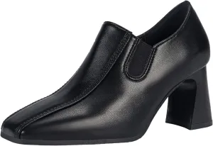 Women Leather Chunky Heel Pumps Side Elastic Band Loafers Elastic Band,Comfortable Slip-on Mid Block Heel Square Toe Dress Work Shoes for Office Business