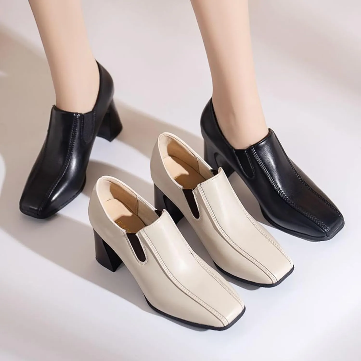 Women Leather Chunky Heel Pumps Side Elastic Band Loafers Elastic Band,Comfortable Slip-on Mid Block Heel Square Toe Dress Work Shoes for Office Business