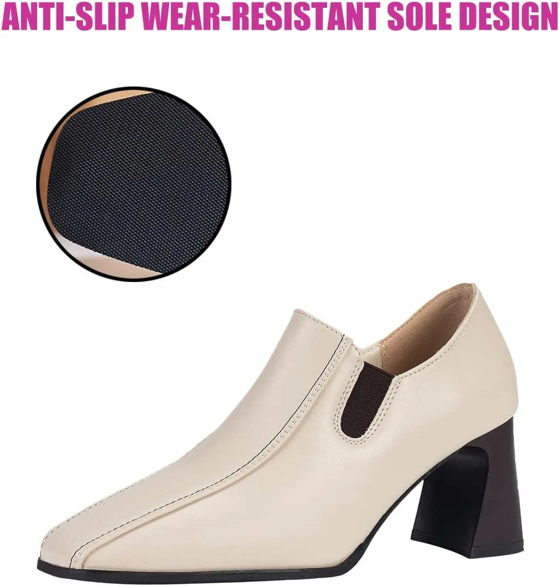 Women Leather Chunky Heel Pumps Side Elastic Band Loafers Elastic Band,Comfortable Slip-on Mid Block Heel Square Toe Dress Work Shoes for Office Business