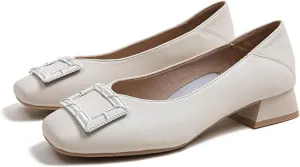 Women Low Chunky Heel Dress Pumps Slip On Fashion Square Buckle Closed Toe Comfortable Office Shoes
