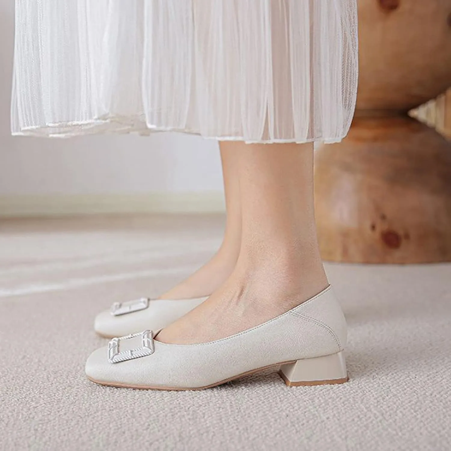 Women Low Chunky Heel Dress Pumps Slip On Fashion Square Buckle Closed Toe Comfortable Office Shoes