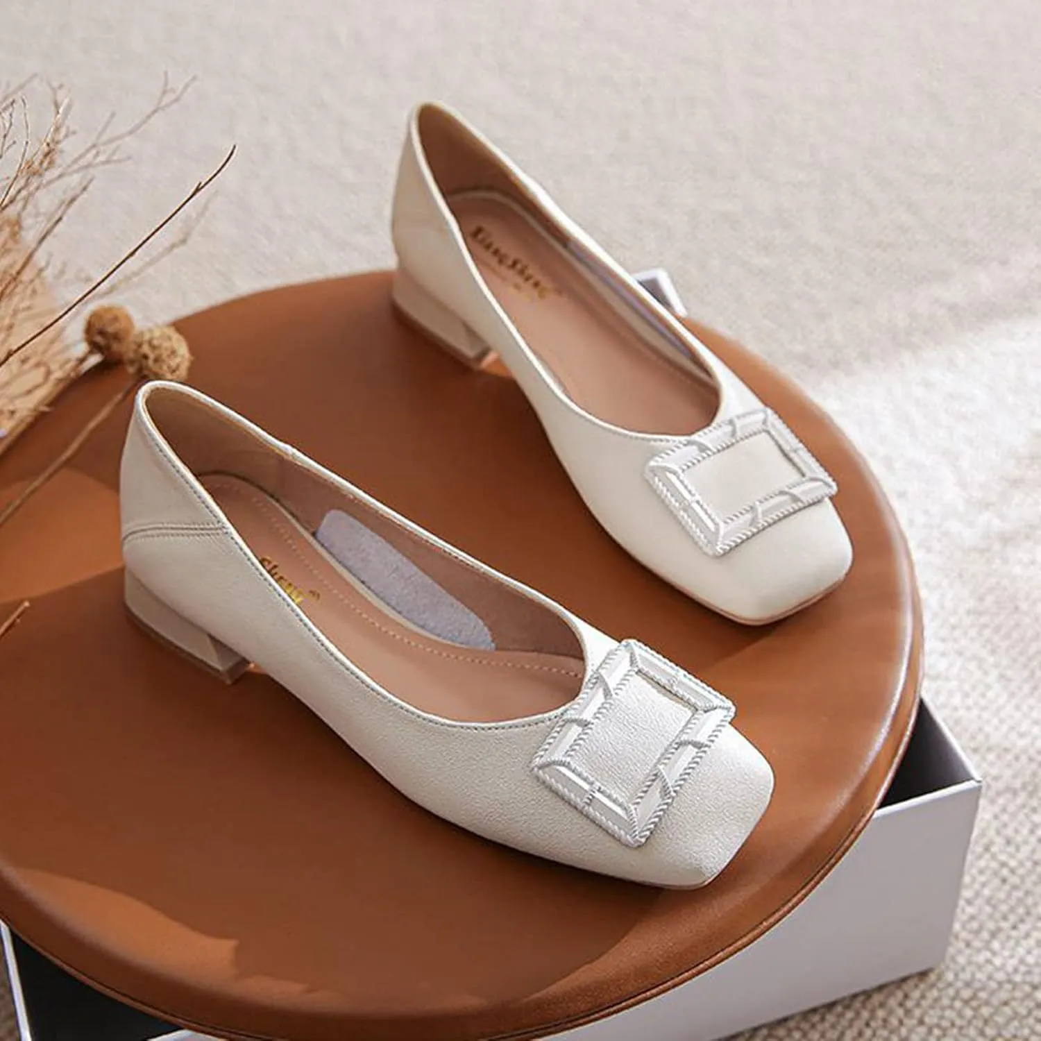 Women Low Chunky Heel Dress Pumps Slip On Fashion Square Buckle Closed Toe Comfortable Office Shoes