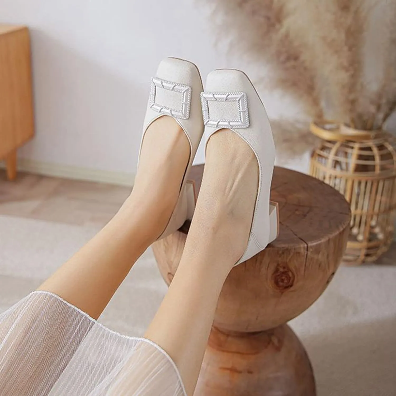 Women Low Chunky Heel Dress Pumps Slip On Fashion Square Buckle Closed Toe Comfortable Office Shoes