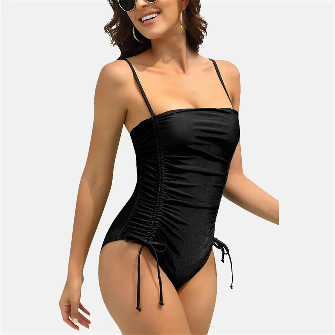 Women One Piece Swimsuit Solid Color Back Cutout Side Adjustable Straps Fashion Swimsuit