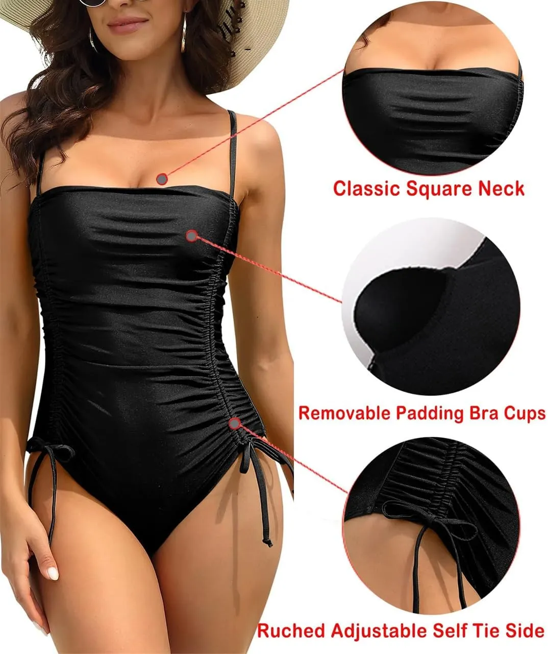 Women One Piece Swimsuit Solid Color Back Cutout Side Adjustable Straps Fashion Swimsuit