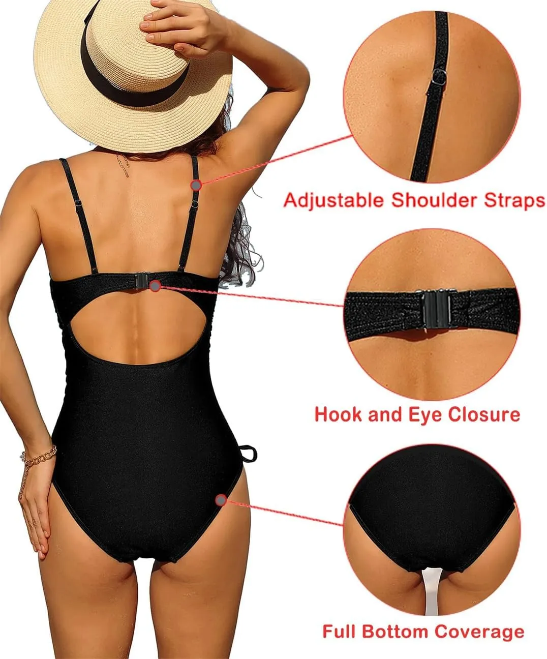 Women One Piece Swimsuit Solid Color Back Cutout Side Adjustable Straps Fashion Swimsuit