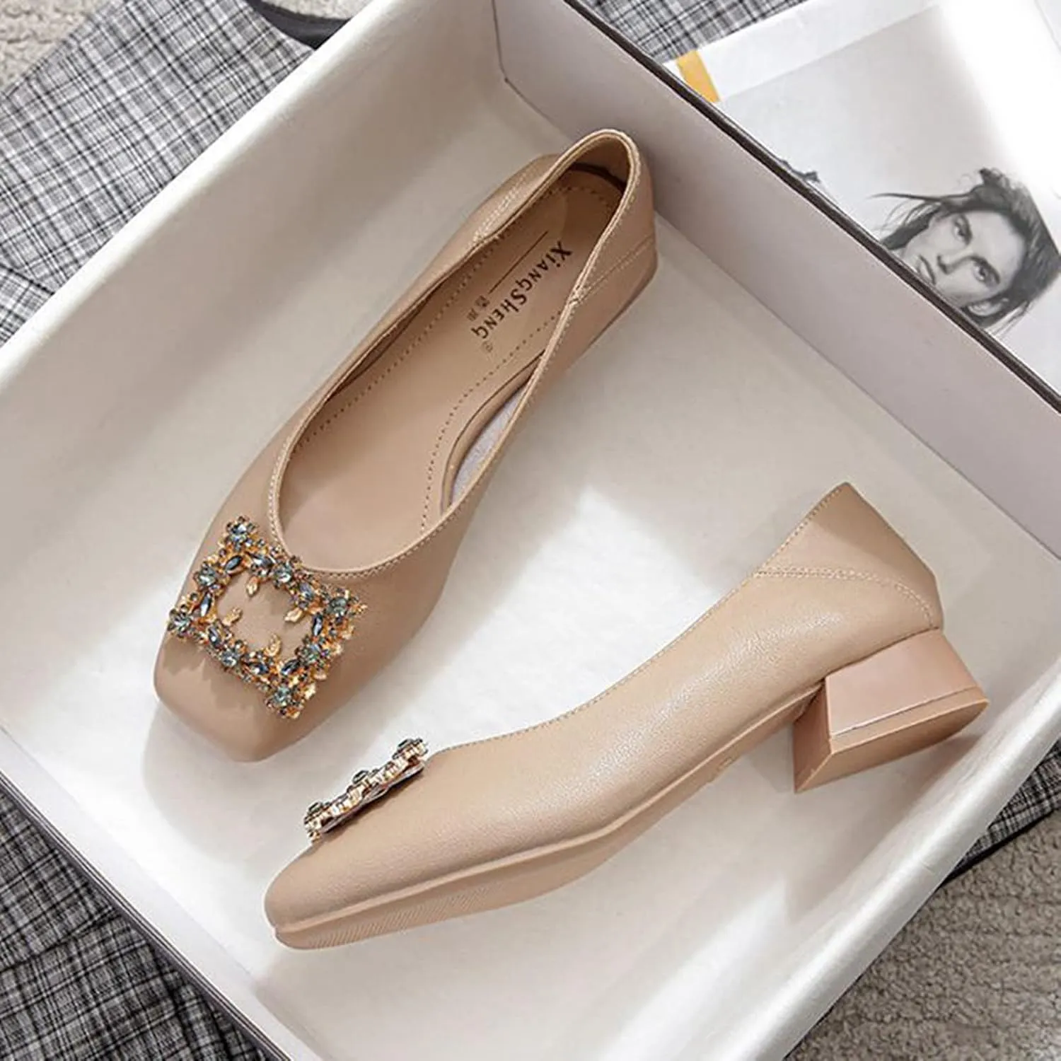 Women Rhinestone Square Buckle Pumps Closed Toe Casual Low Block Heel Slip On Office Dress Shoes