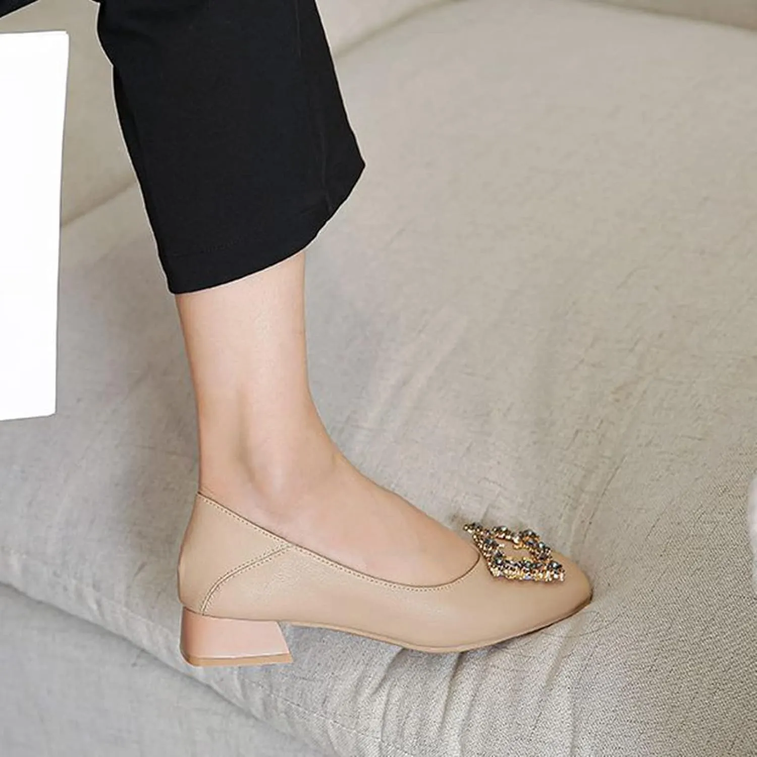 Women Rhinestone Square Buckle Pumps Closed Toe Casual Low Block Heel Slip On Office Dress Shoes