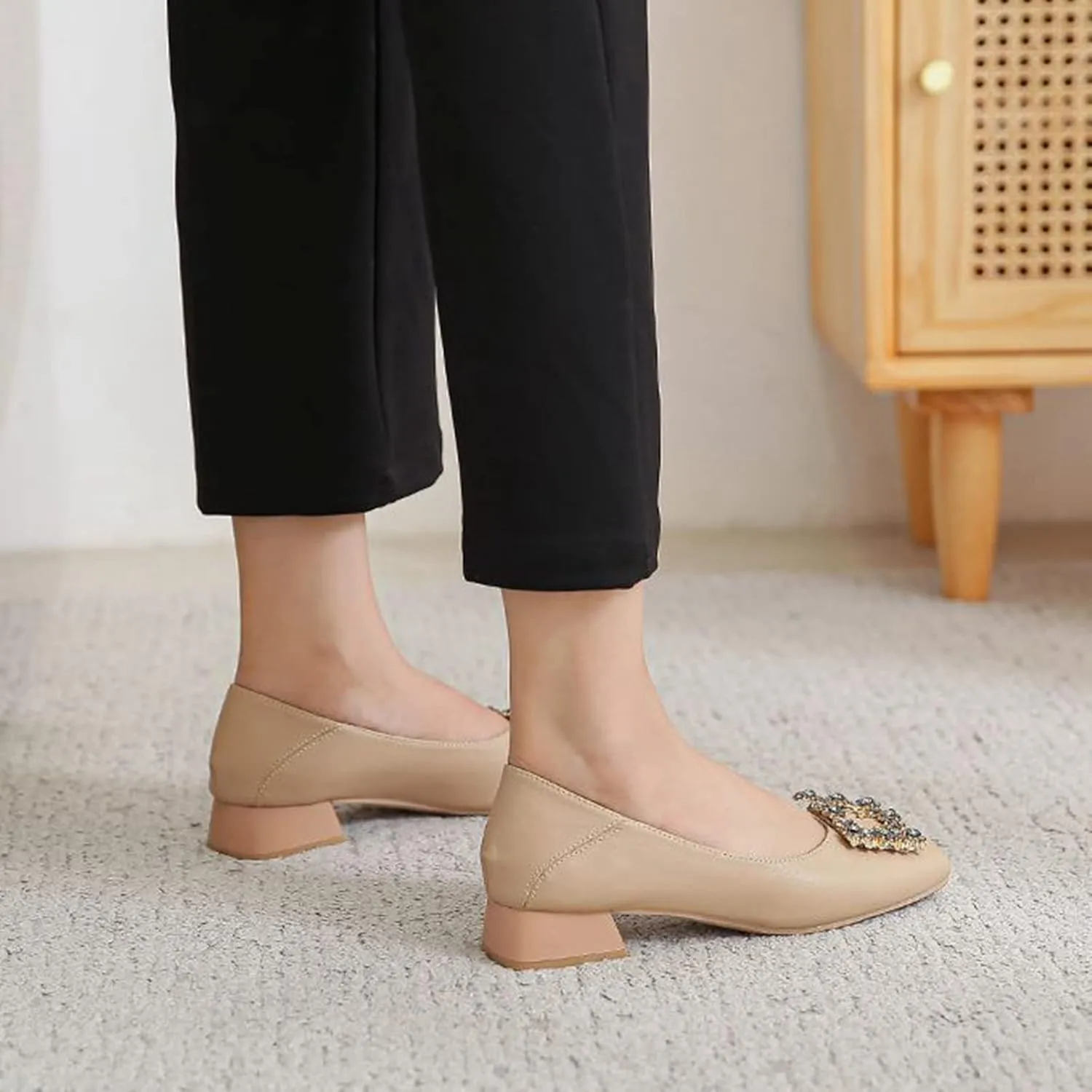 Women Rhinestone Square Buckle Pumps Closed Toe Casual Low Block Heel Slip On Office Dress Shoes