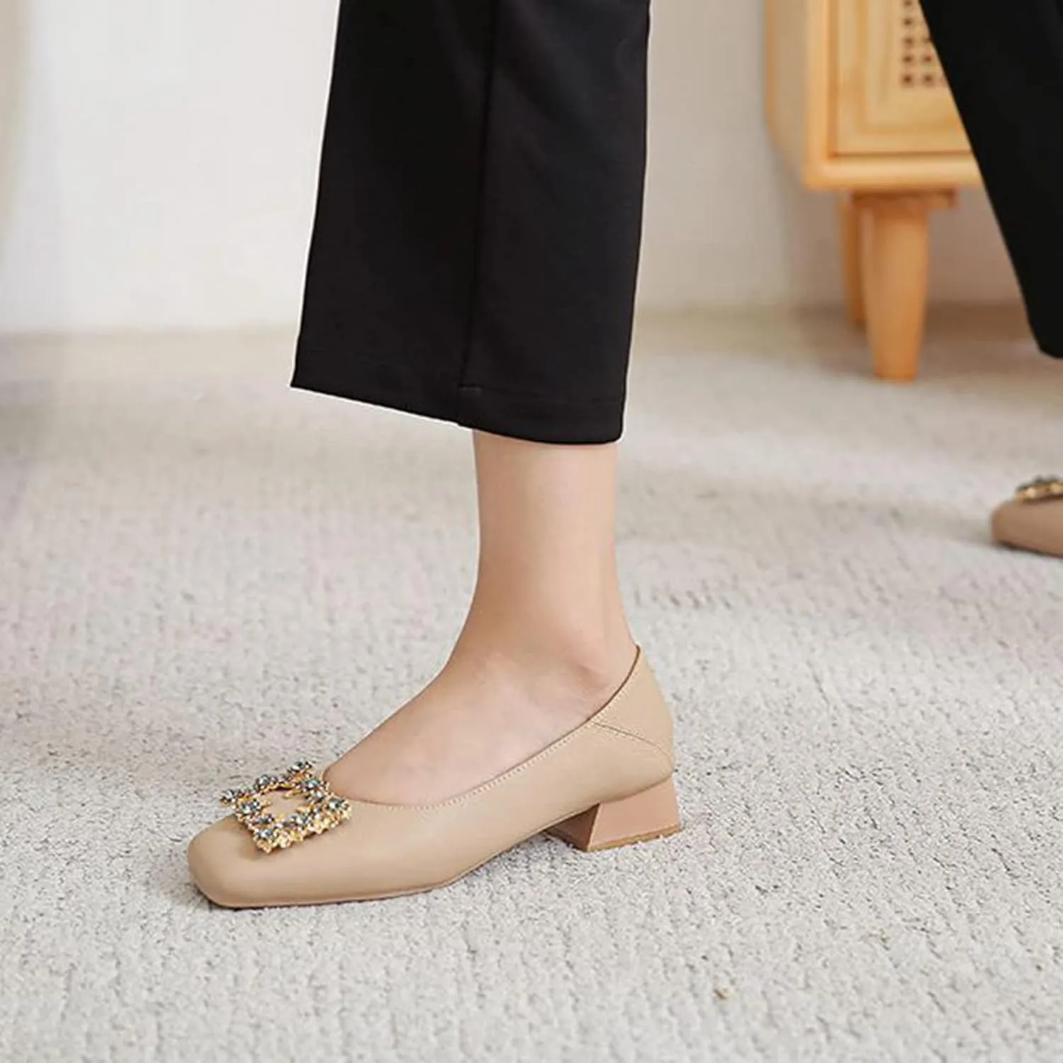 Women Rhinestone Square Buckle Pumps Closed Toe Casual Low Block Heel Slip On Office Dress Shoes