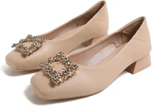 Women Rhinestone Square Buckle Pumps Closed Toe Casual Low Block Heel Slip On Office Dress Shoes