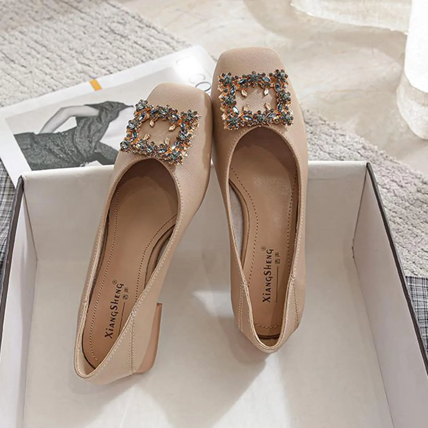 Women Rhinestone Square Buckle Pumps Closed Toe Casual Low Block Heel Slip On Office Dress Shoes