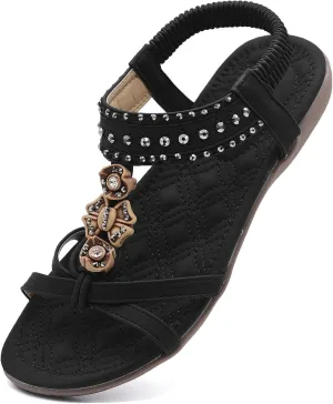 Women Sandals Comfortable Bohemian Flats Walking Strap Elastic Slip On Casual Beach Sandal Shoes for Summer