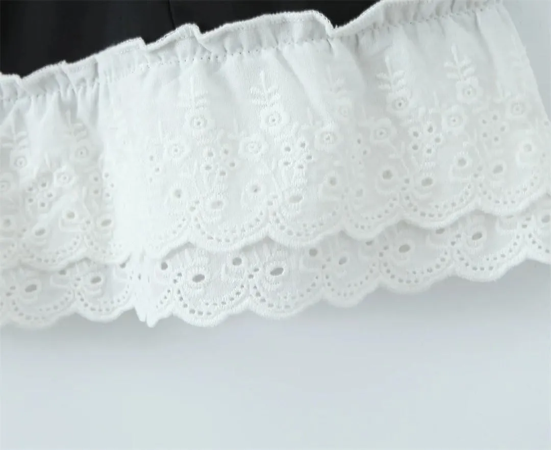 Women Sexy Low Ruched Chest Corset Style Cross Lacing Up Back Hem Spliced Ruffles Lace Sling Dress
