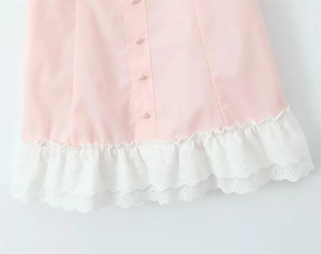 Women Sexy Low Ruched Chest Corset Style Cross Lacing Up Back Hem Spliced Ruffles Lace Sling Dress
