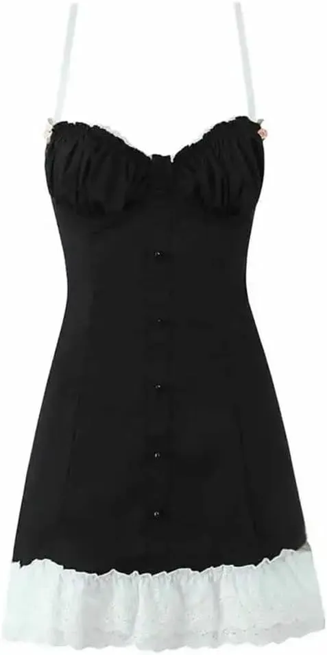 Women Sexy Low Ruched Chest Corset Style Cross Lacing Up Back Hem Spliced Ruffles Lace Sling Dress