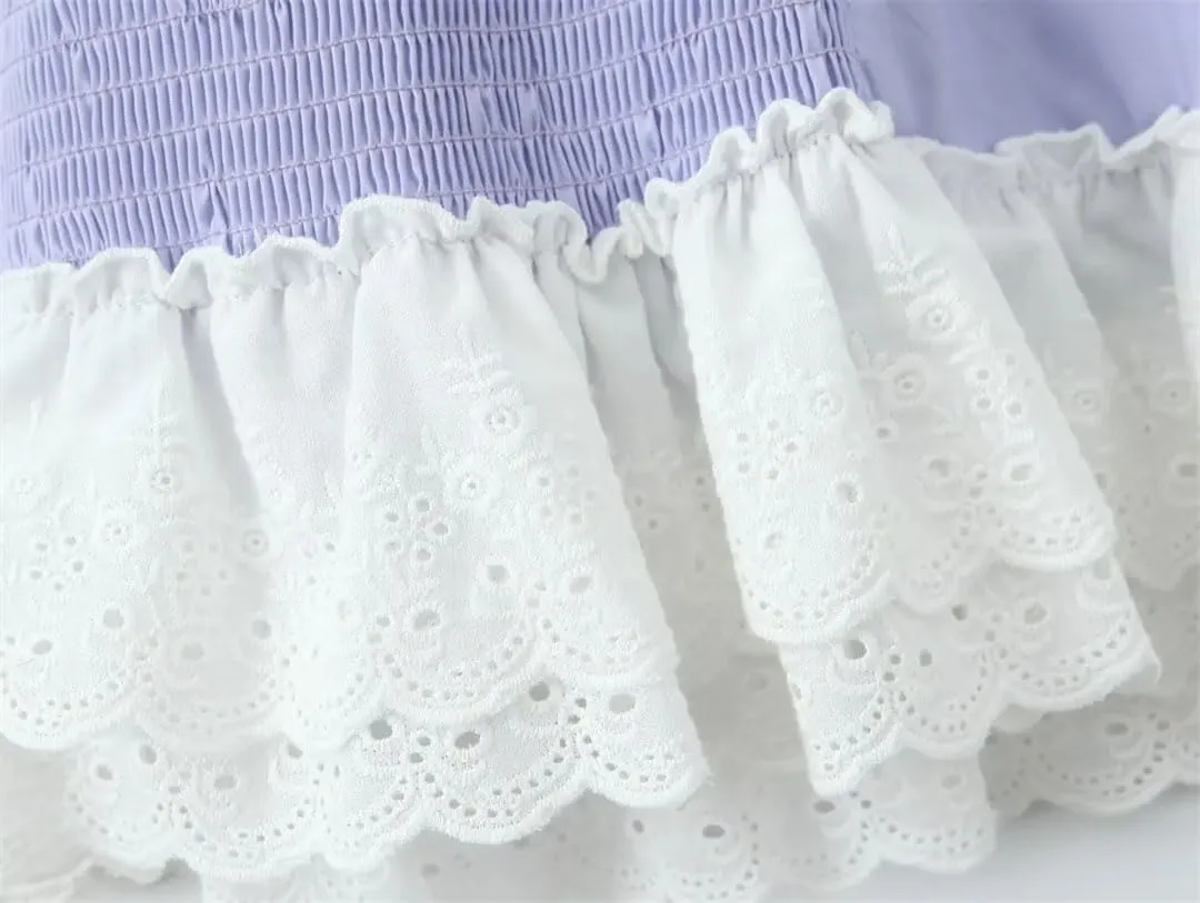 Women Sexy Low Ruched Chest Corset Style Cross Lacing Up Back Hem Spliced Ruffles Lace Sling Dress