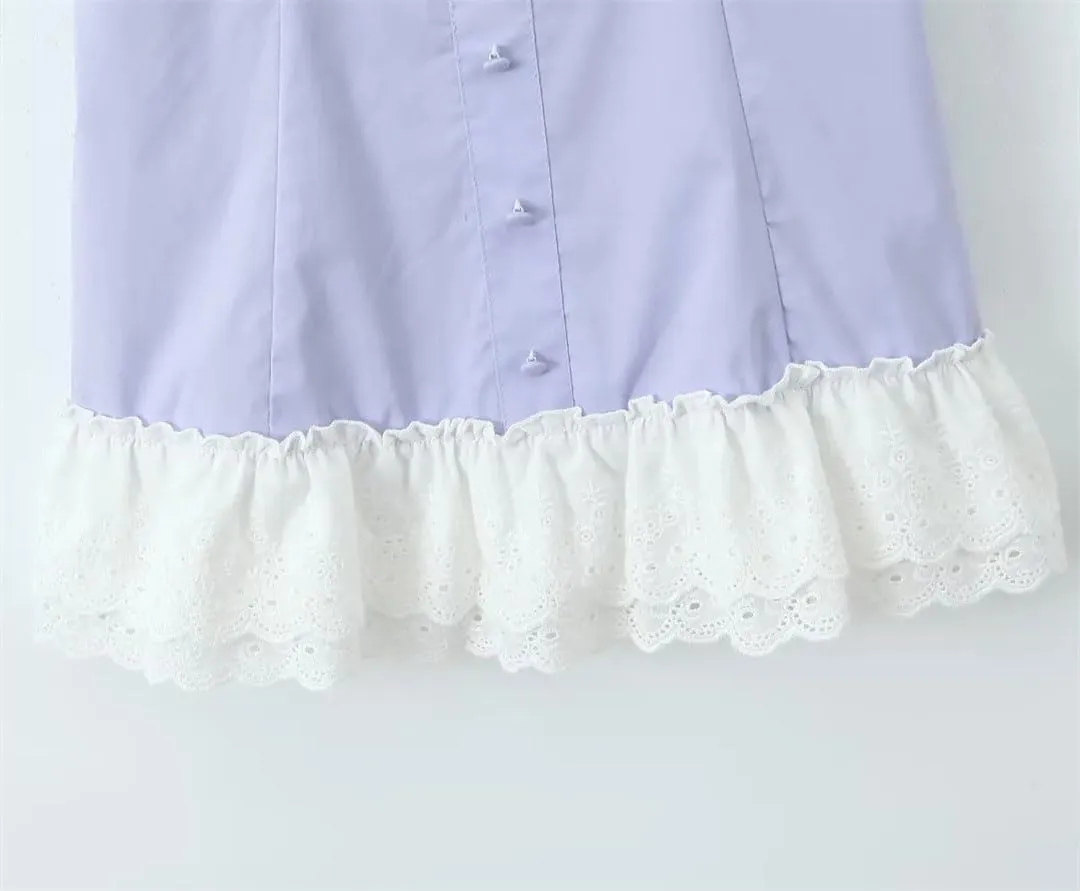 Women Sexy Low Ruched Chest Corset Style Cross Lacing Up Back Hem Spliced Ruffles Lace Sling Dress