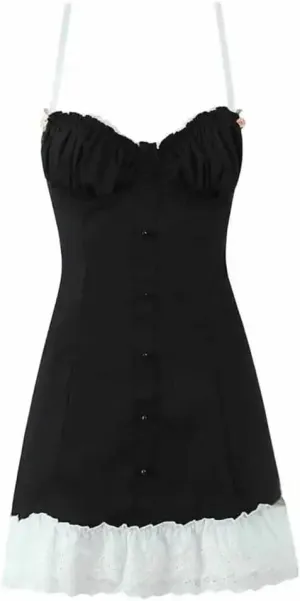 Women Sexy Low Ruched Chest Corset Style Cross Lacing Up Back Hem Spliced Ruffles Lace Sling Dress