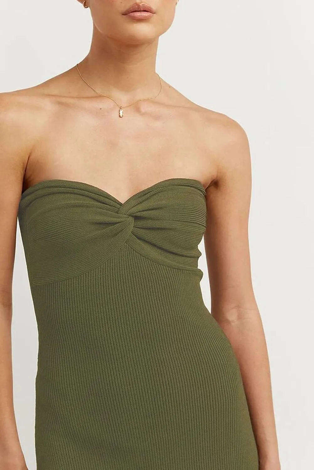 Women Sexy Twist Front Knit Bodycon Maxi Tube Dress Strapless Sweetheart Neck Backless Slit Bandeau Long Dress
