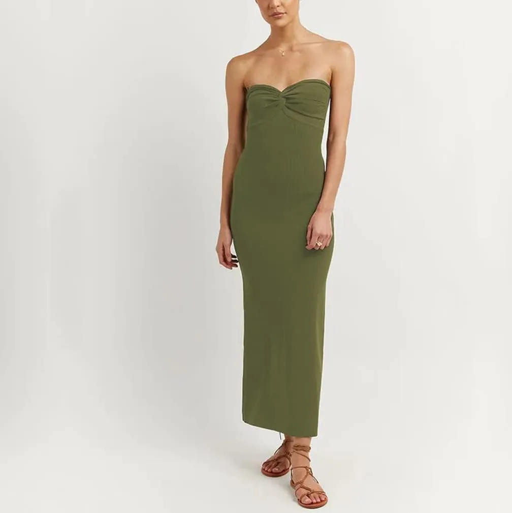 Women Sexy Twist Front Knit Bodycon Maxi Tube Dress Strapless Sweetheart Neck Backless Slit Bandeau Long Dress