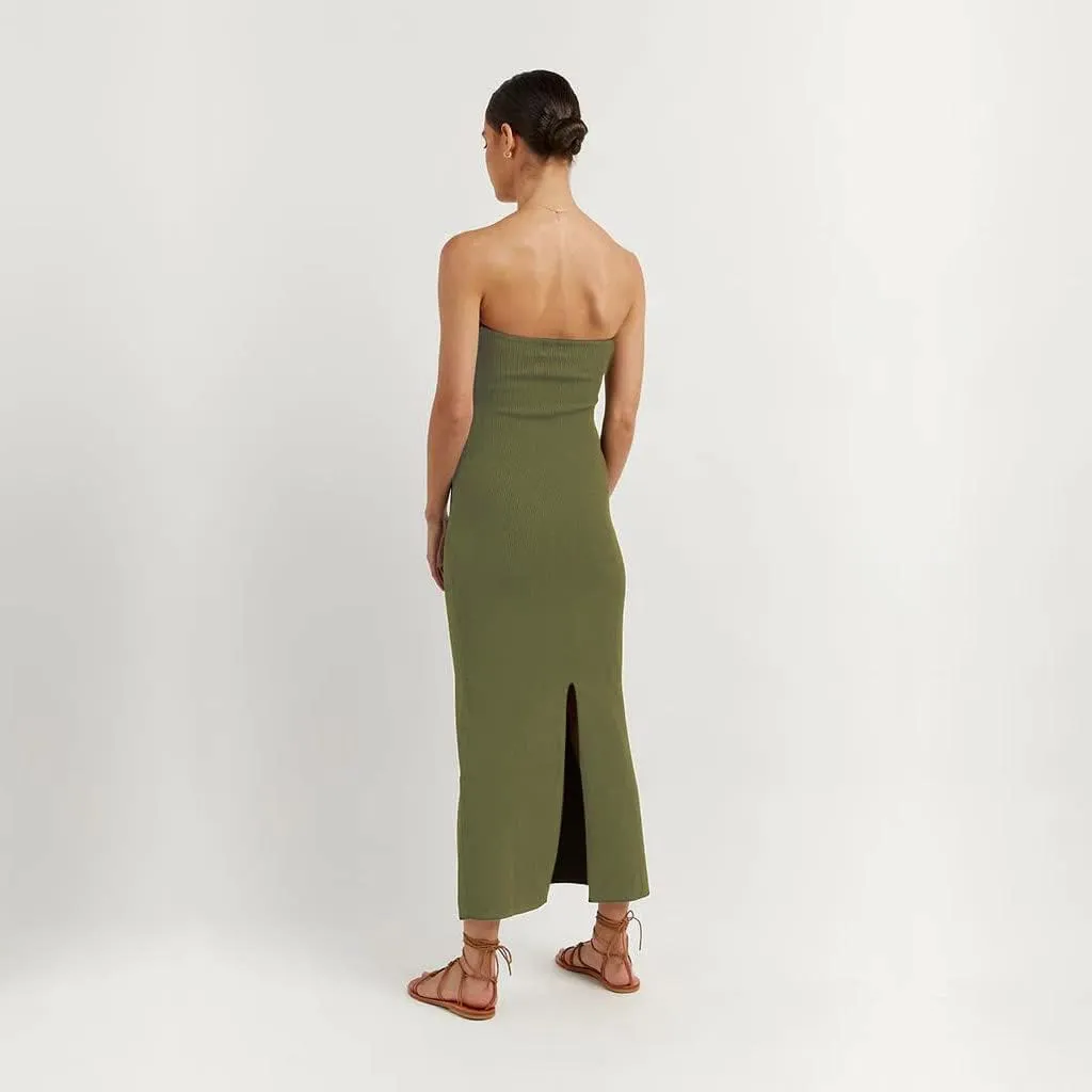 Women Sexy Twist Front Knit Bodycon Maxi Tube Dress Strapless Sweetheart Neck Backless Slit Bandeau Long Dress
