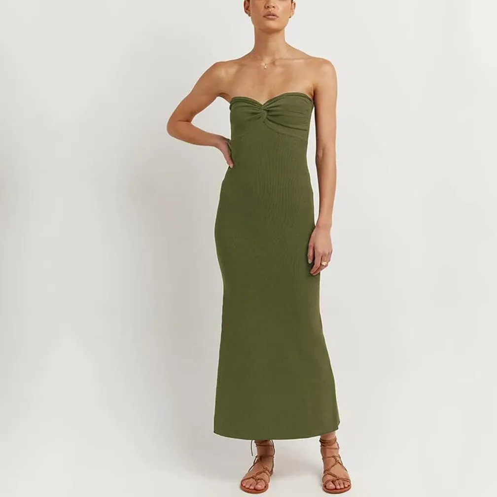 Women Sexy Twist Front Knit Bodycon Maxi Tube Dress Strapless Sweetheart Neck Backless Slit Bandeau Long Dress