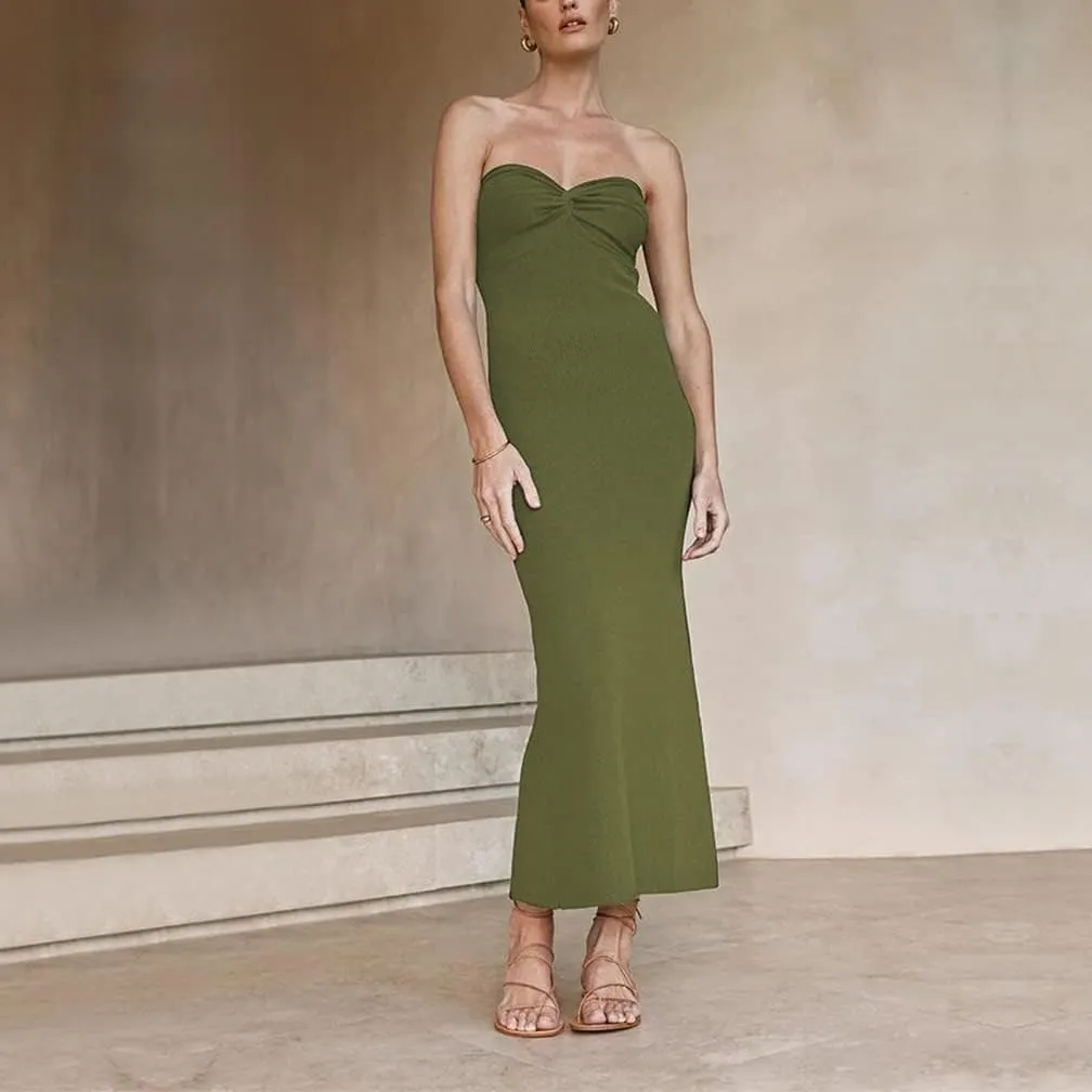 Women Sexy Twist Front Knit Bodycon Maxi Tube Dress Strapless Sweetheart Neck Backless Slit Bandeau Long Dress