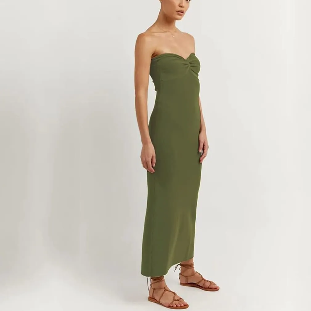 Women Sexy Twist Front Knit Bodycon Maxi Tube Dress Strapless Sweetheart Neck Backless Slit Bandeau Long Dress