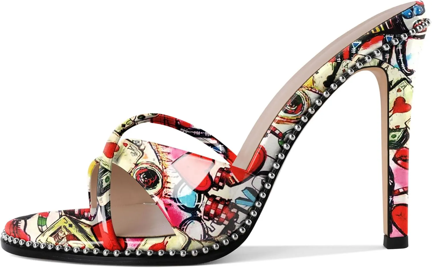 Women Stilettos High Heels Mules Open Round Toe Sandals Slip-on Comfort Sexy Dress Beaded Pumps Sandals Evening Party Prom 4 Inch Heeled Sandals