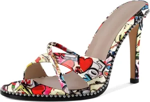 Women Stilettos High Heels Mules Open Round Toe Sandals Slip-on Comfort Sexy Dress Beaded Pumps Sandals Evening Party Prom 4 Inch Heeled Sandals