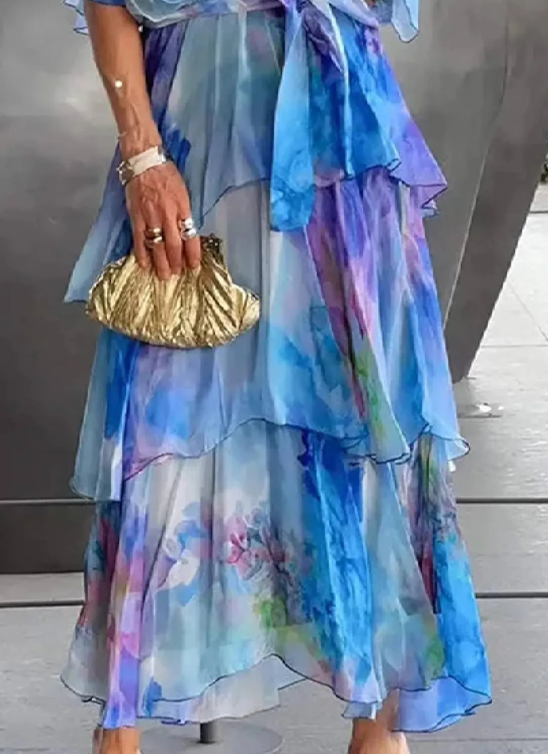 Women's Blue Watercolor Print Short Sleeve Maxi Dress Ruched Waist Ruffle Tiered Hem Dresses Vacation Beach Outfits