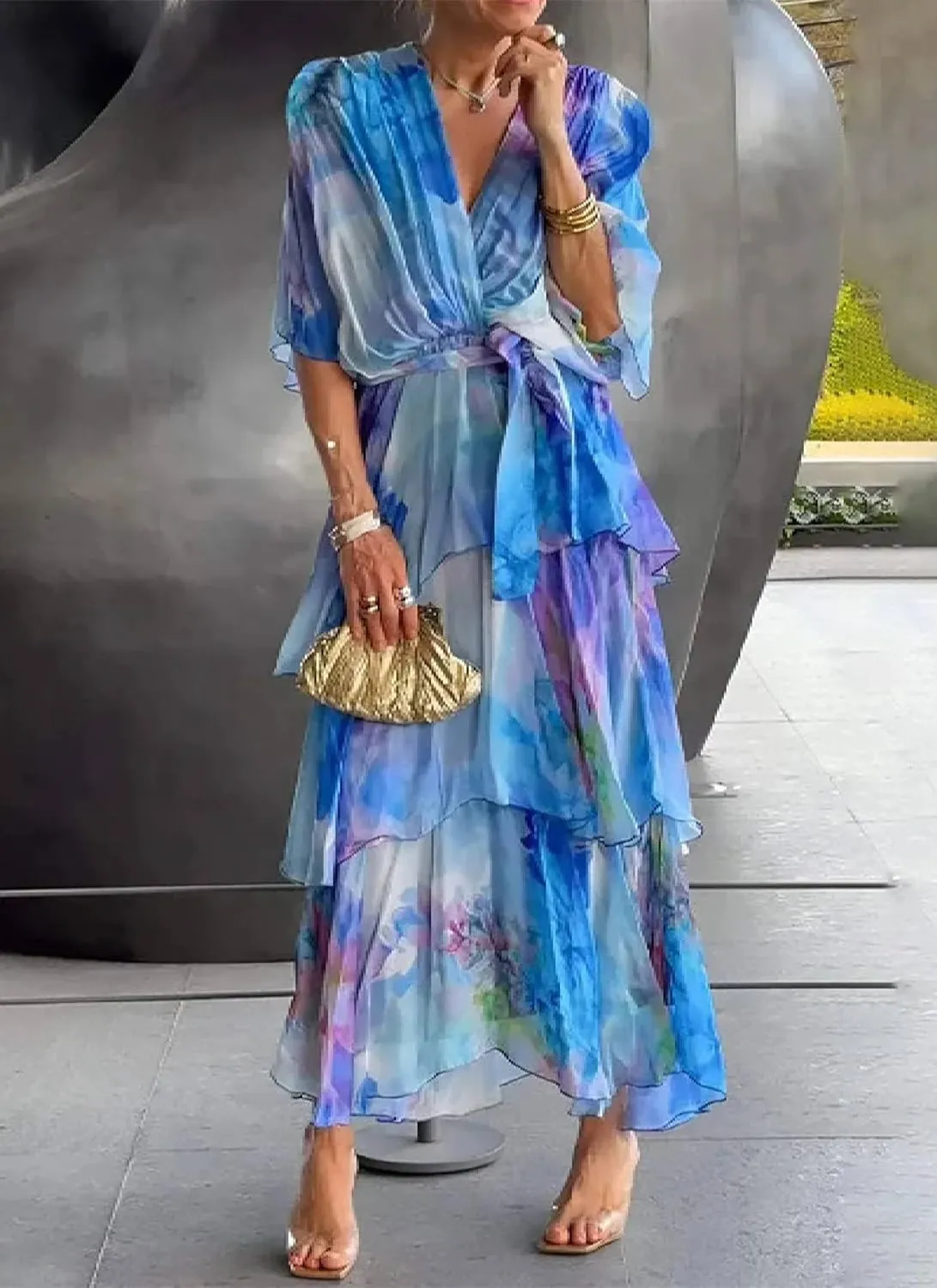 Women's Blue Watercolor Print Short Sleeve Maxi Dress Ruched Waist Ruffle Tiered Hem Dresses Vacation Beach Outfits
