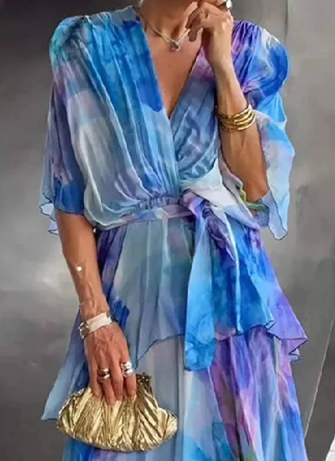 Women's Blue Watercolor Print Short Sleeve Maxi Dress Ruched Waist Ruffle Tiered Hem Dresses Vacation Beach Outfits